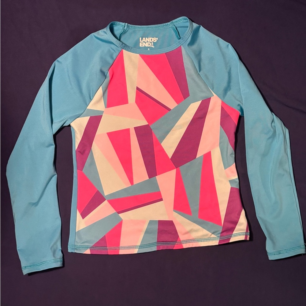 Lands' End Girls Long Sleeve Swim Rashguard Pink and Blue Geometric